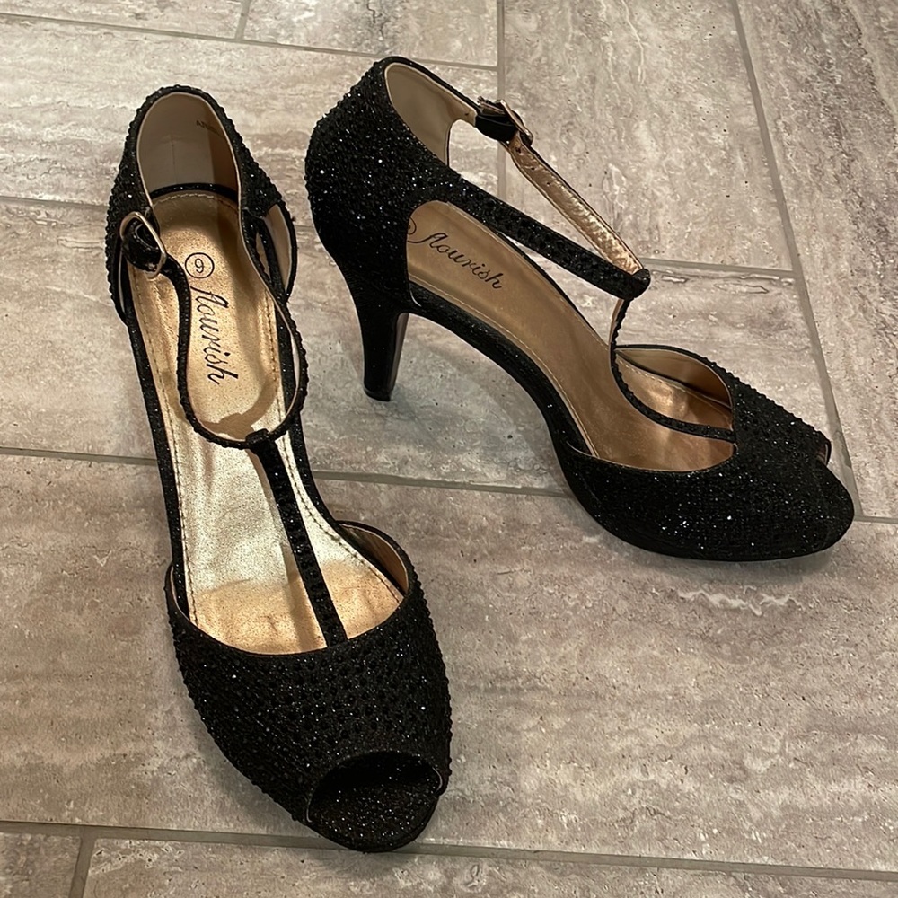 Sparkly black t-strap heels